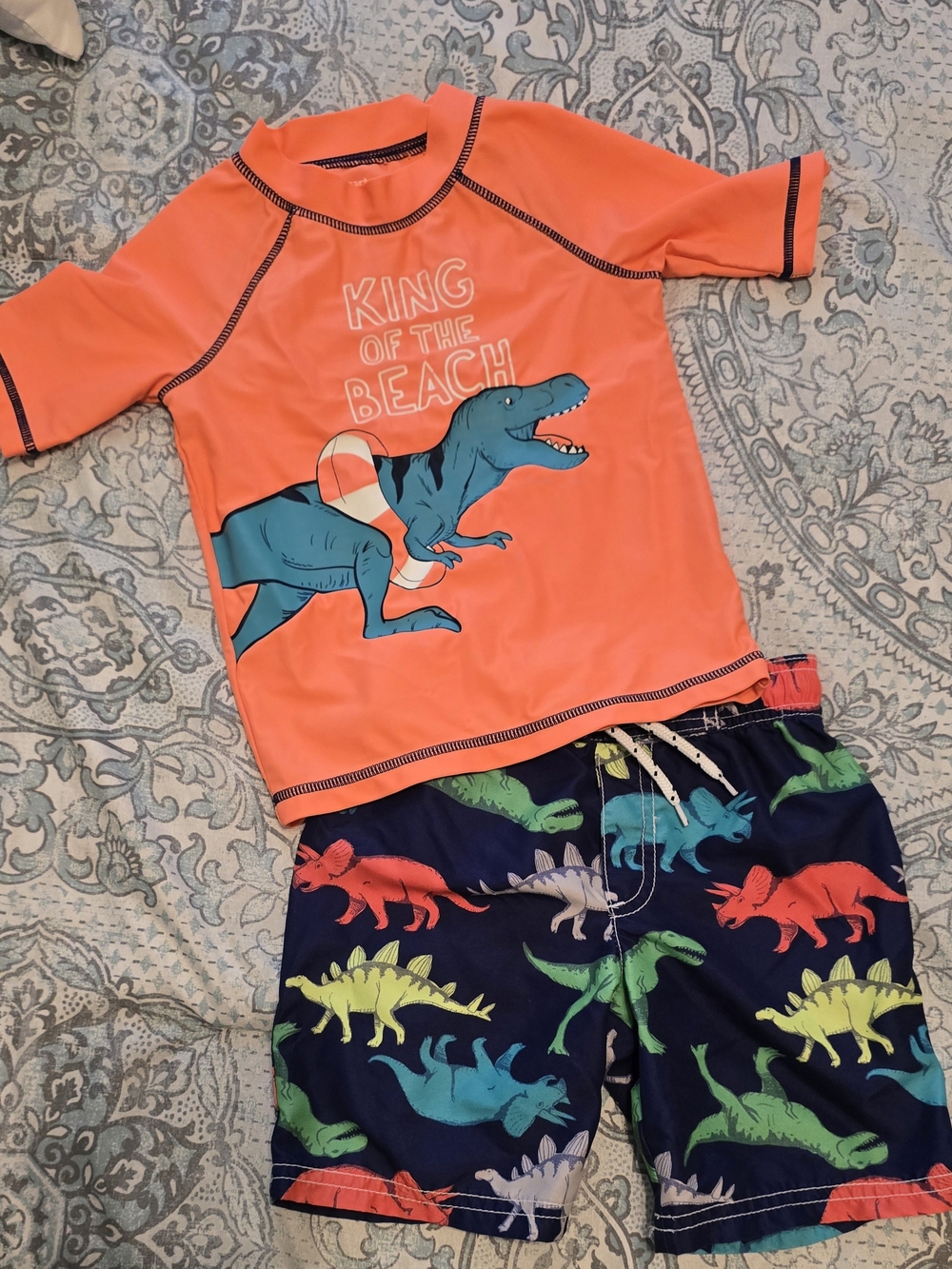 Kids Orange 'King of the Beach' Dinosaur Rash Guard & Swim Shorts Set